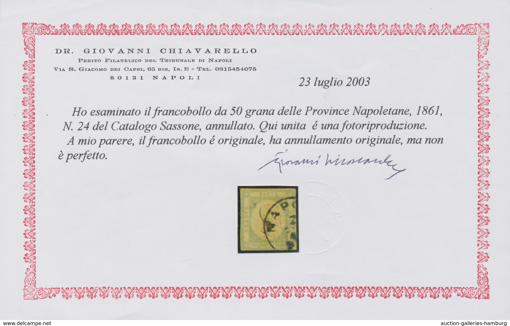 Italien: 1861, 50 Grana Gray Cancelled With Circle Stamp NAPOLI, Mostly Touched, Cert. Chiavarello, - Ungebraucht