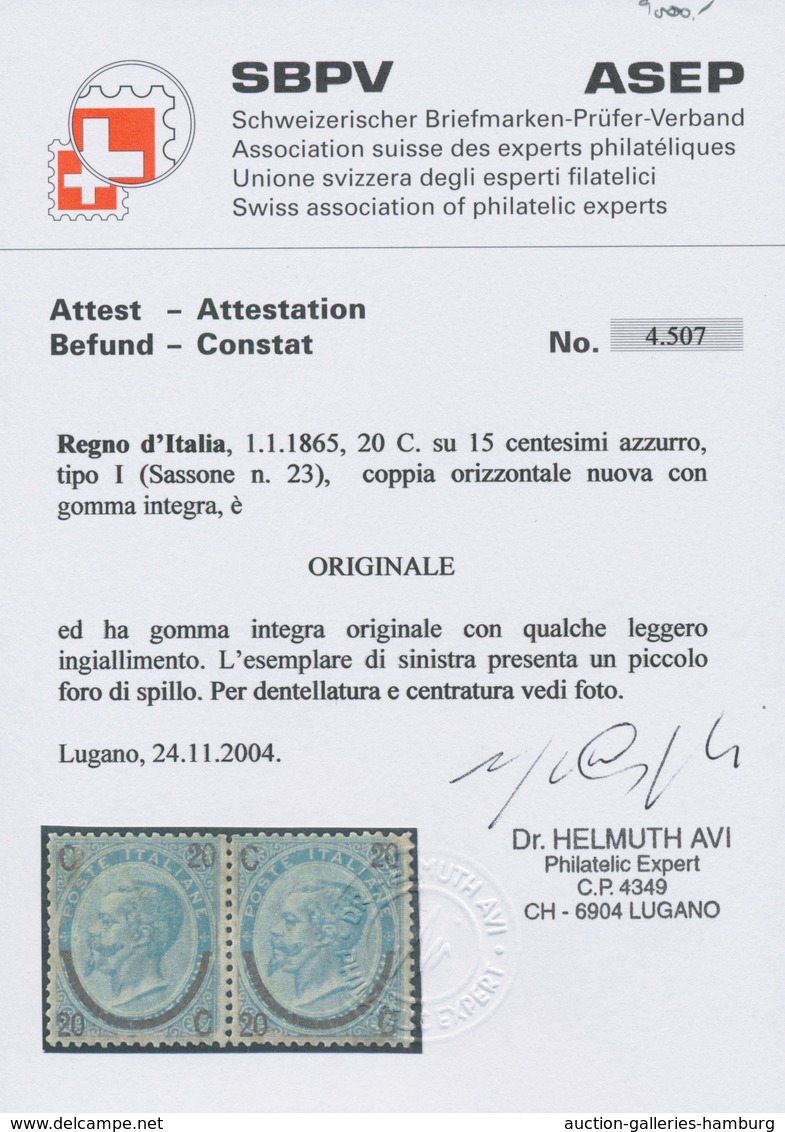 Italien: 1865, 20c. On 15c. Blue, Type I, Horizontal Pair Of Good Centering, Normally Perforated, Mi - Ungebraucht