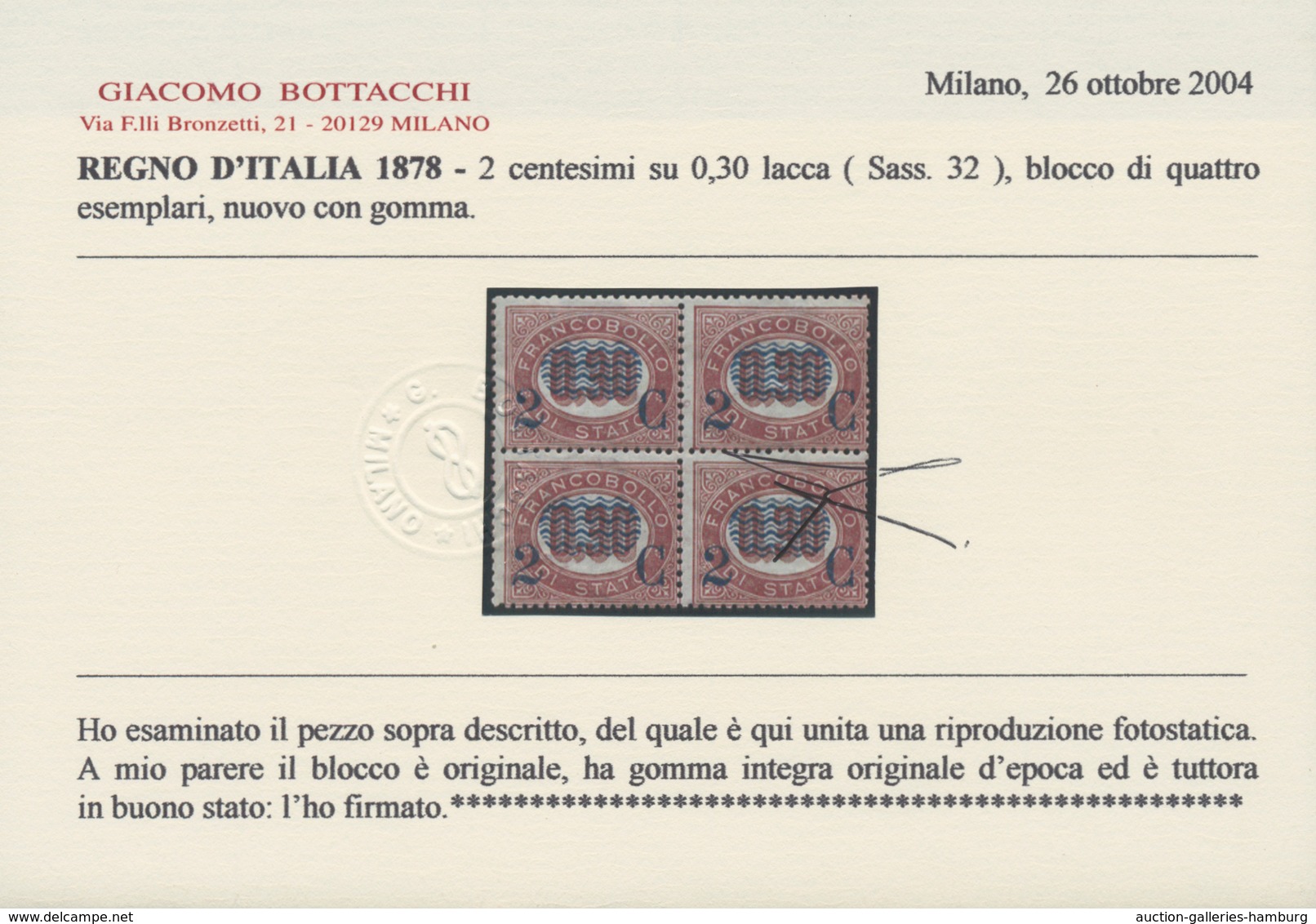 Italien: 1878, 2 C On 0,30 L Brown-lilac, Block Of 4, Fresh Color, VF Mint Never Hinged Condition. C - Mint/hinged