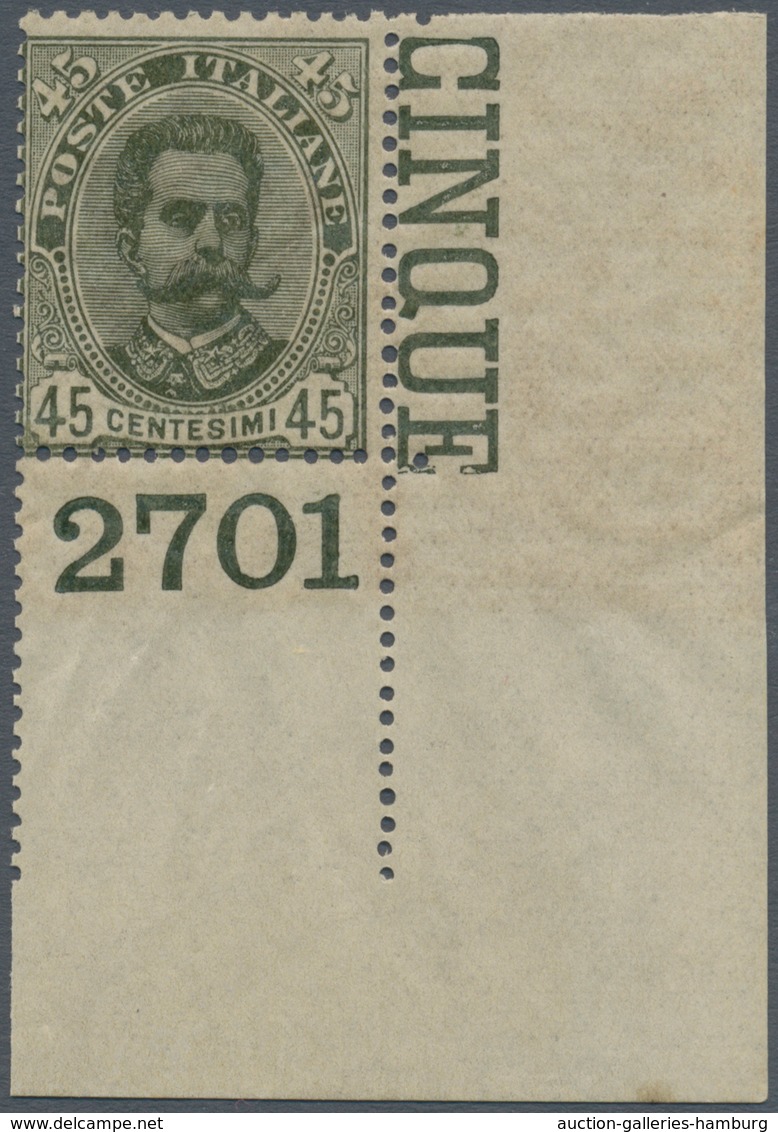 Italien: 1895, 45 Cents Olive Green "Umberto I", Sheet Corner With Plate Number "2701", MNH; With Ra - Ungebraucht