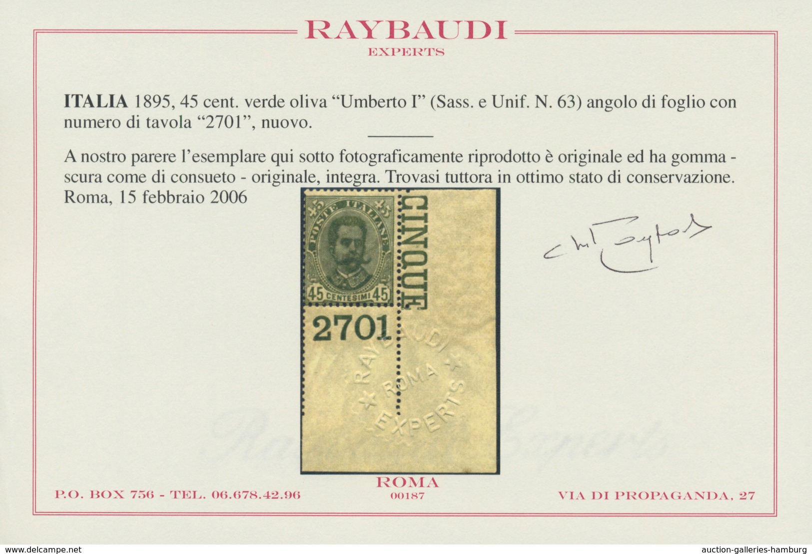 Italien: 1895, 45 Cents Olive Green "Umberto I", Sheet Corner With Plate Number "2701", MNH; With Ra - Ungebraucht