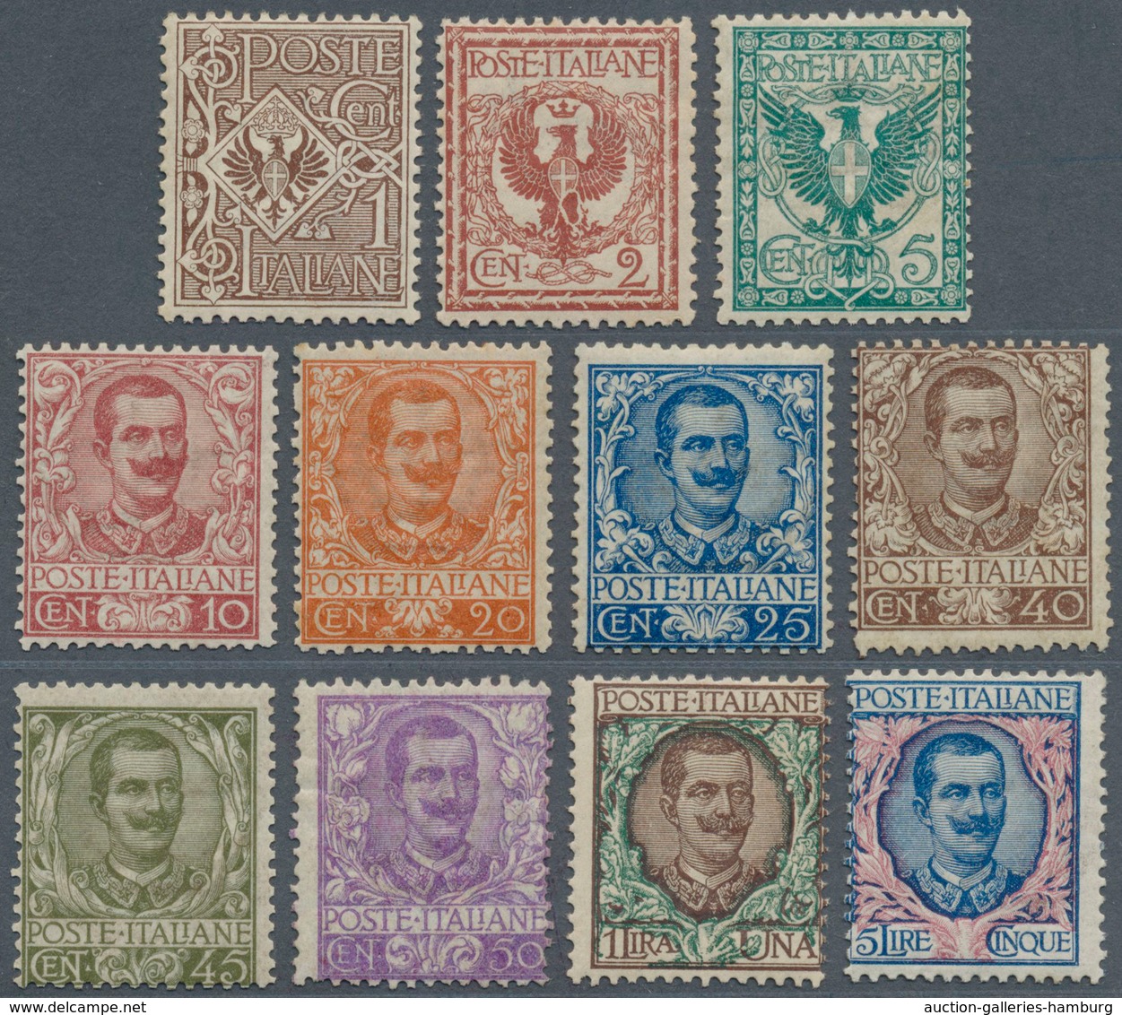 Italien: 1901, 'Floreale' Definitives (Victor Emanuel III. And Coat Of Arms) Complete Set Of 11 Unus - Mint/hinged