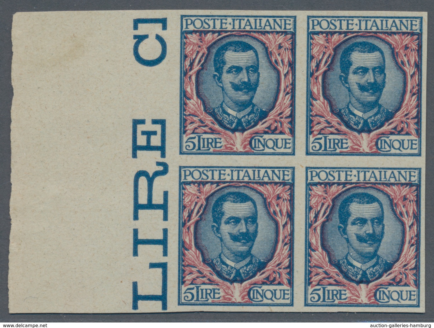 Italien: 1901, 5 L Blue/rose In Block Of Four From Left Print Sheet Margin, Imperforated, Mint Never - Ungebraucht