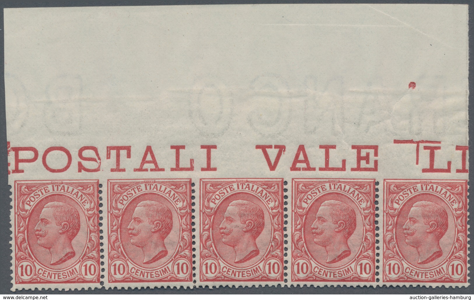 Italien: 1906, 10 C Brown-rose In Horizontal Stripe Of Five From The Upper Margin Of The Sheet, Mint - Mint/hinged
