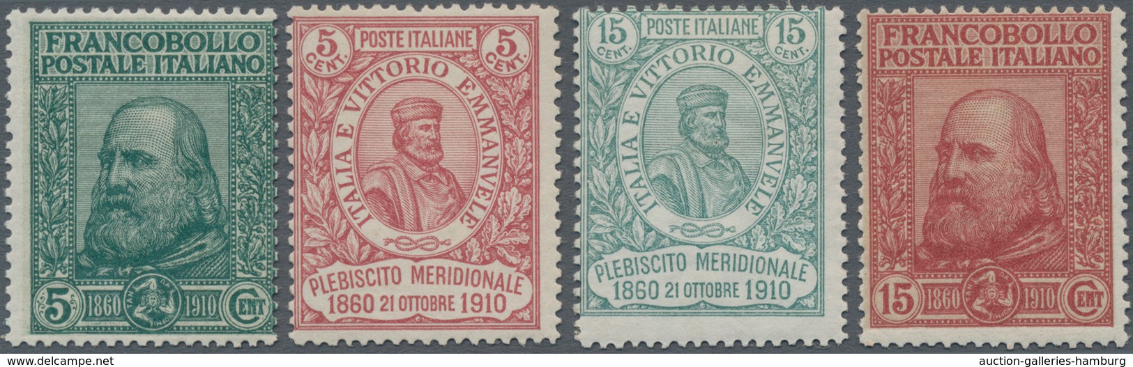 Italien: 1910, 5+5 C Green/15+5 C Brown-rose + 5+5 C Rose/15+5 C Green, Two Sets Mint Never Hinged ( - Mint/hinged