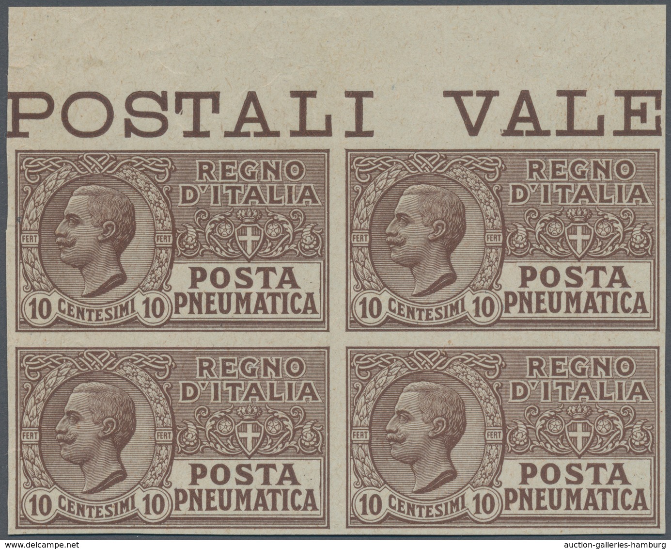 Italien: 1913, 10 Cent. Gray-brown Block Of Four From The Top Margin Imperforated, Mint Never Hinged - Mint/hinged