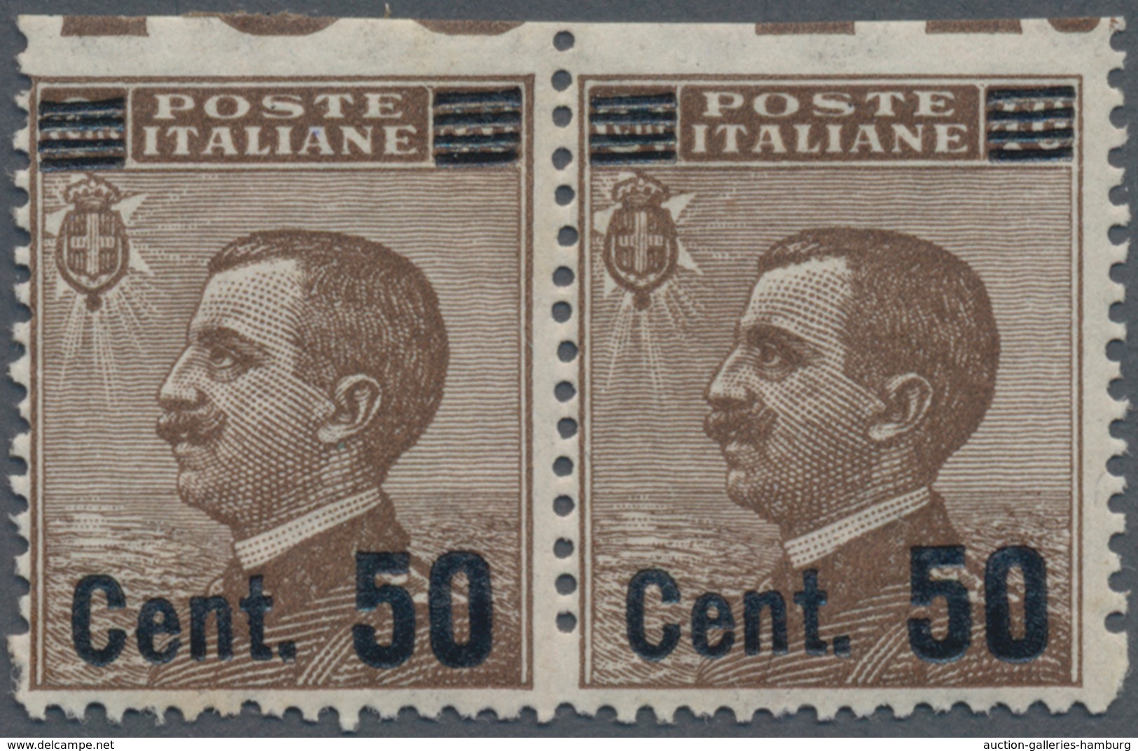 Italien: 1923, 50 Cent. On 40 C Brown Horizontal Pair Imperforated On Top, Mint Never Hinged (Sass. - Mint/hinged