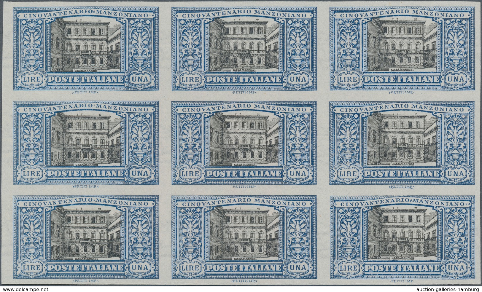 Italien: 1923, Manzoni, 1l. IMPERFORATE Block Of Nine, Unused No Gum. Sass. 155d (9), 9.000,- € (pri - Mint/hinged