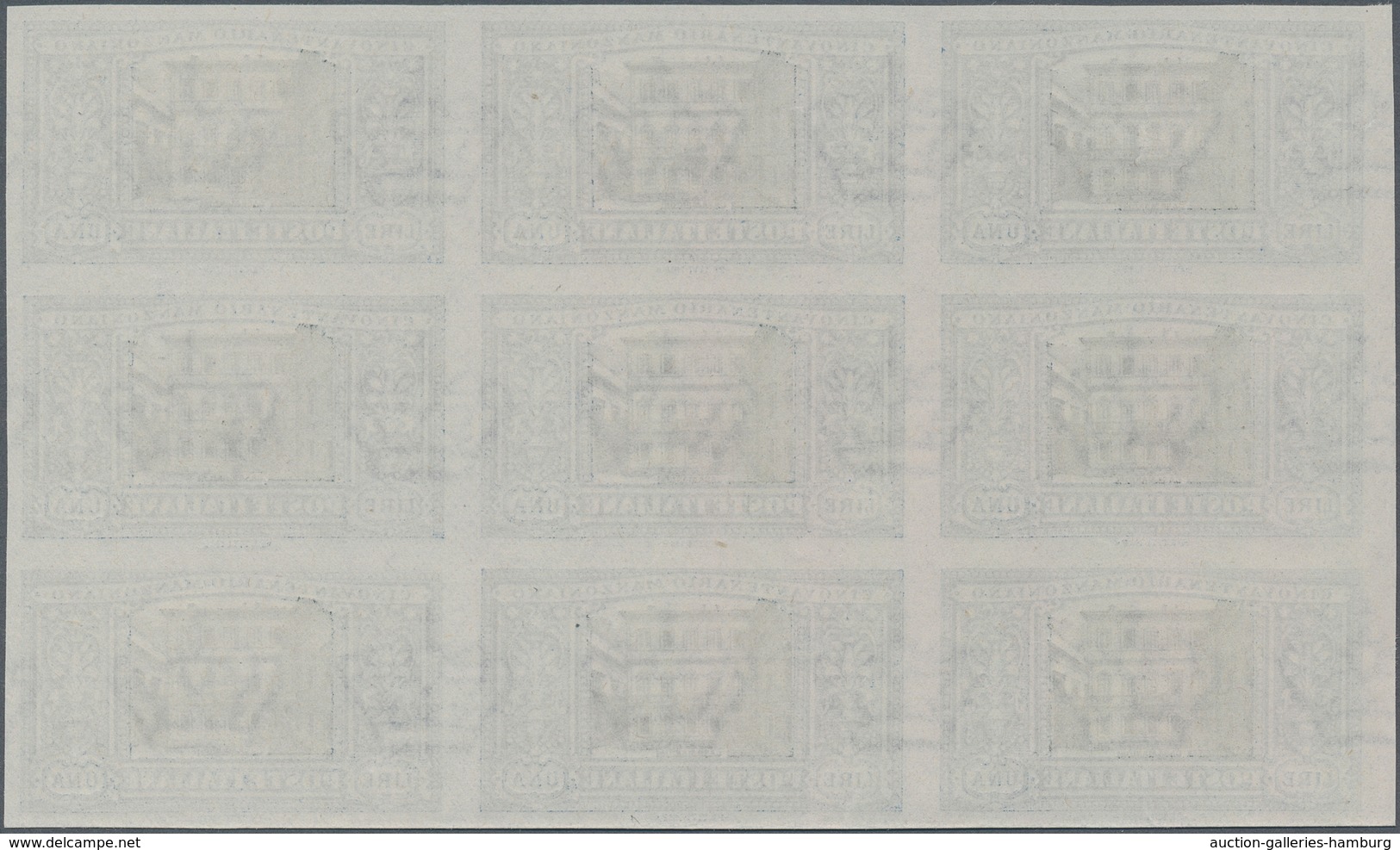 Italien: 1923, Manzoni, 1l. IMPERFORATE Block Of Nine, Unused No Gum. Sass. 155d (9), 9.000,- € (pri - Mint/hinged