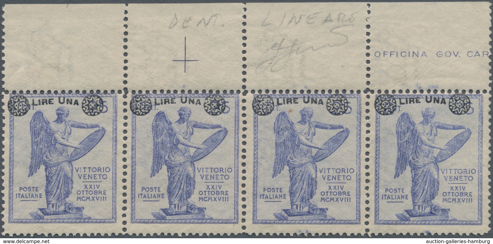 Italien: 1924. 1 L On 20 C Blue "Vittorio Veneto, Horizontal Strip Of Four, Mint Never Hinged With T - Mint/hinged