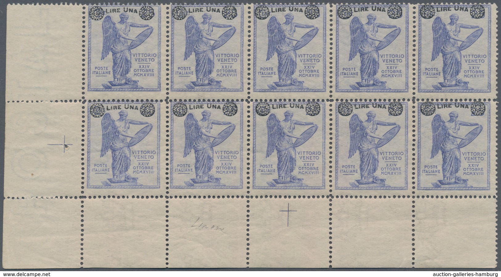 Italien: 1924, 1 L On 25 Cent. Ultramarine In Block On Ten From The Lower Left Sheet Corner, Mint Ne - Ungebraucht