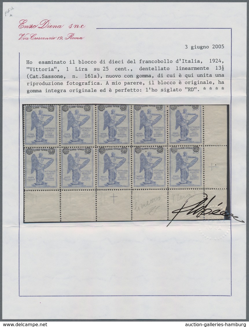 Italien: 1924, 1 L On 25 Cent. Ultramarine In Block On Ten From The Lower Left Sheet Corner, Mint Ne - Mint/hinged