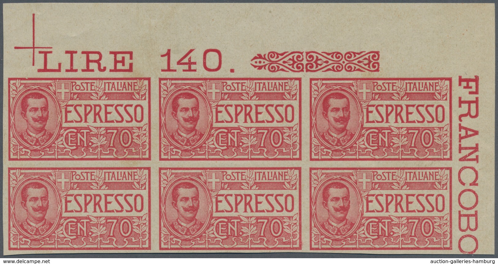 Italien: 1925, 70 C Carmine In Block Of Six, Upper Right Corner Edge, Imperforated, Mint Never Hinge - Mint/hinged