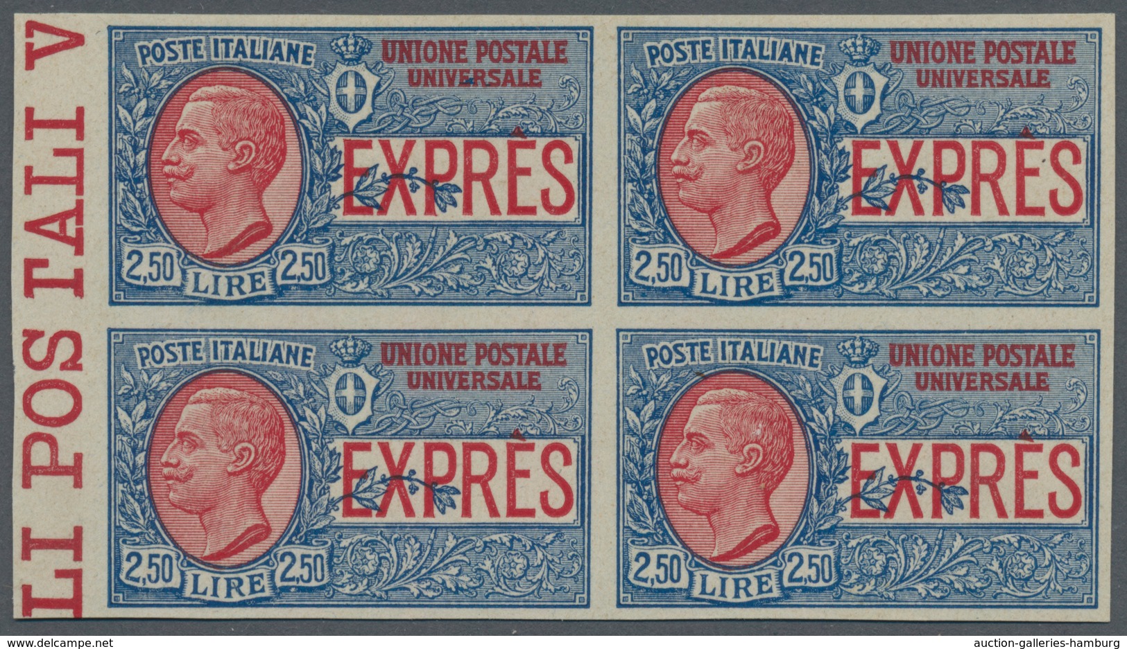 Italien: 1926, 2.50 L Blue/red Block Of Four Imperforated, Mint Never Hinged, Signed - Mint/hinged