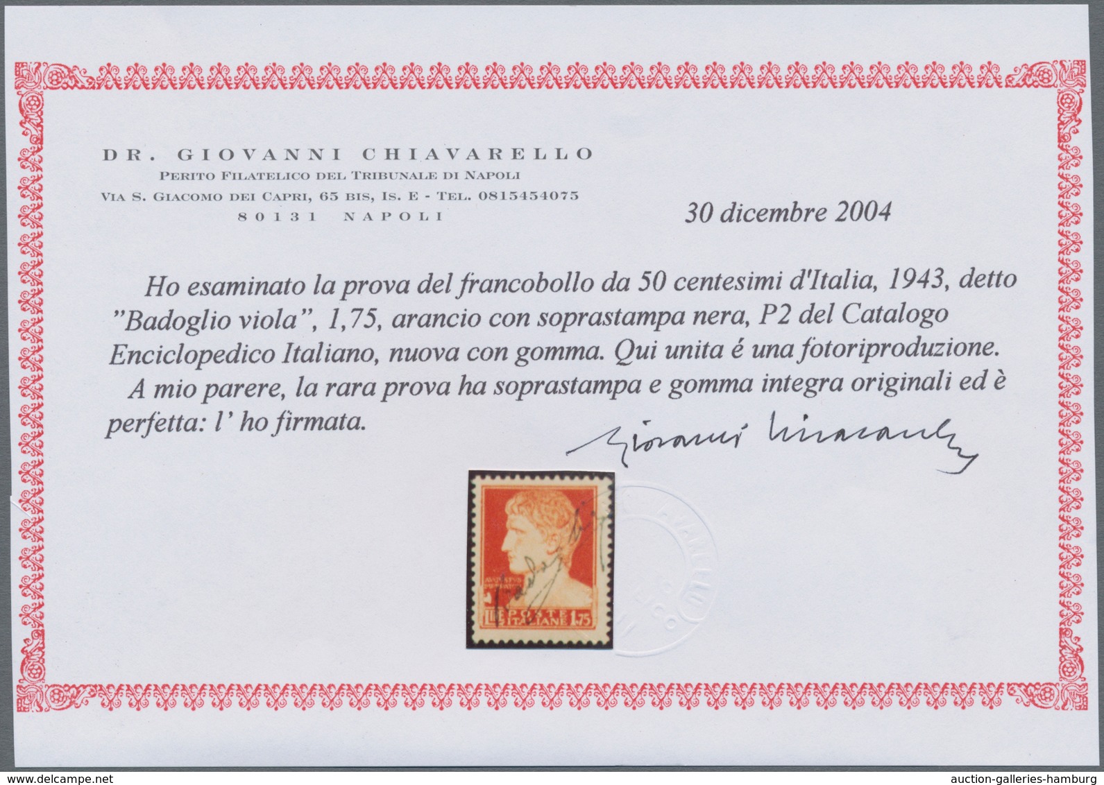 Italien: 1943, 1,75 Cent. Orange Emperor Augustus With Black Overprint (new Government Of Italy), No - Mint/hinged