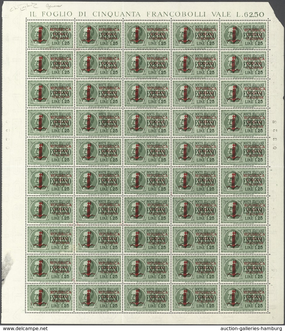 Italien: 1945, 1.25 L Light Green And 2.50 L Orange With Overprint In Two Original Sheets Of 50 Stam - Mint/hinged
