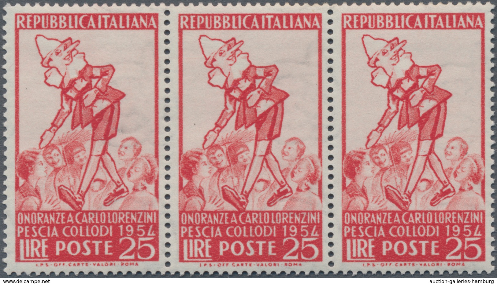 Italien: 1954, 25 L Red Horizontal Stripe Of Three, Mint Never Hinged (Sass. 3x 650.-) ÷ 1954, 25 L - Mint/hinged