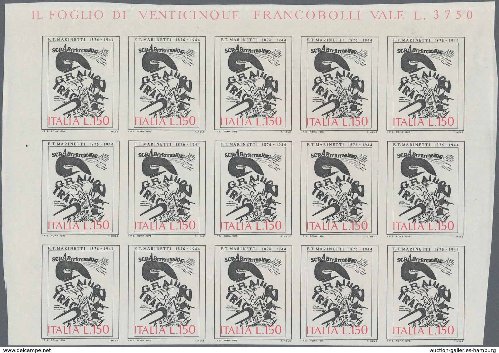 Italien: 1976, Italian Art, 150l. Marinetti, Imperforate Top Marginal Block Of 15, Unmounted Mint (s - Mint/hinged