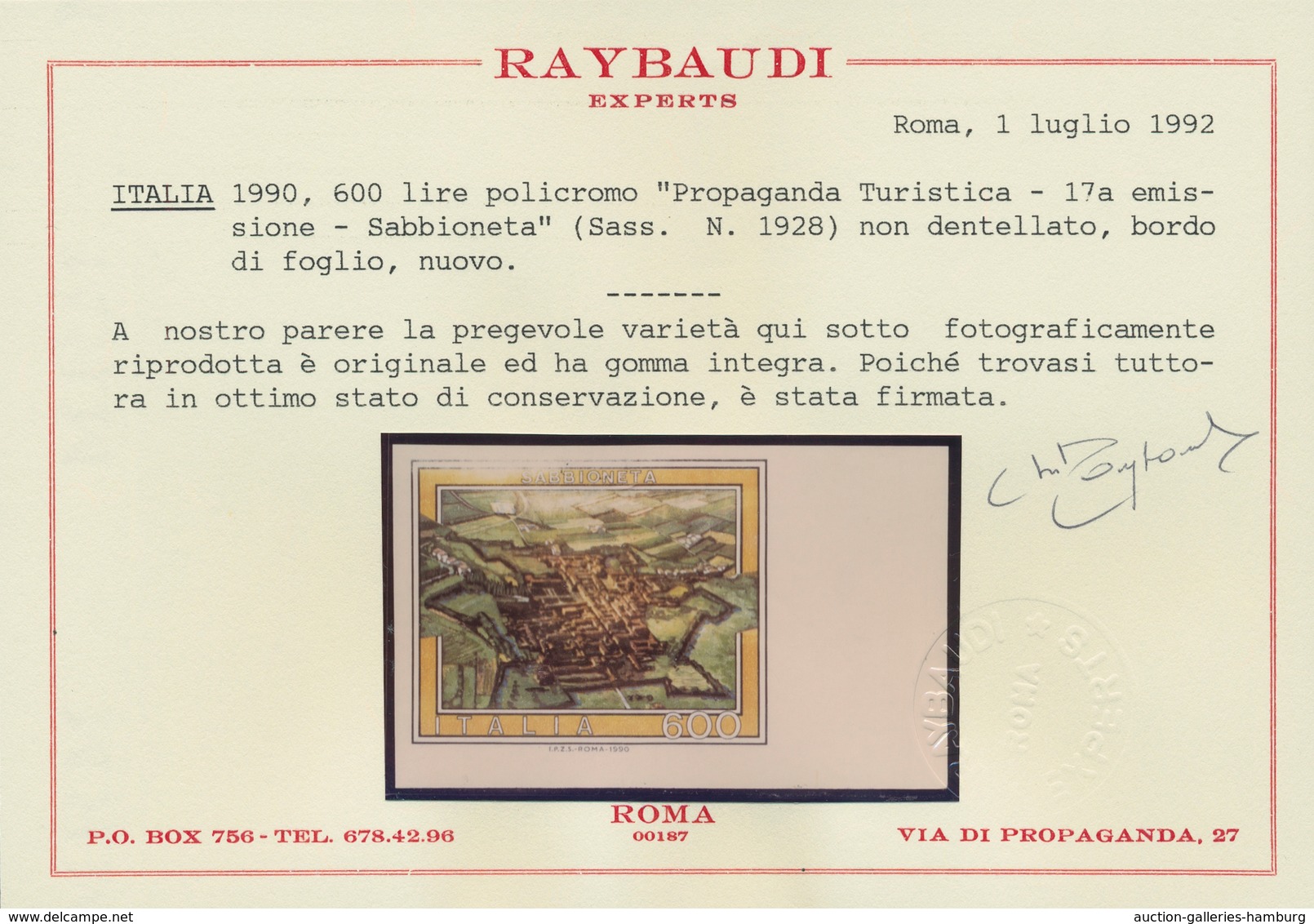 Italien: 1990, 600 Lire "Propaganda Turistica - Sabbionetta", Perforation Missing, Parts Of Yellow M - Mint/hinged