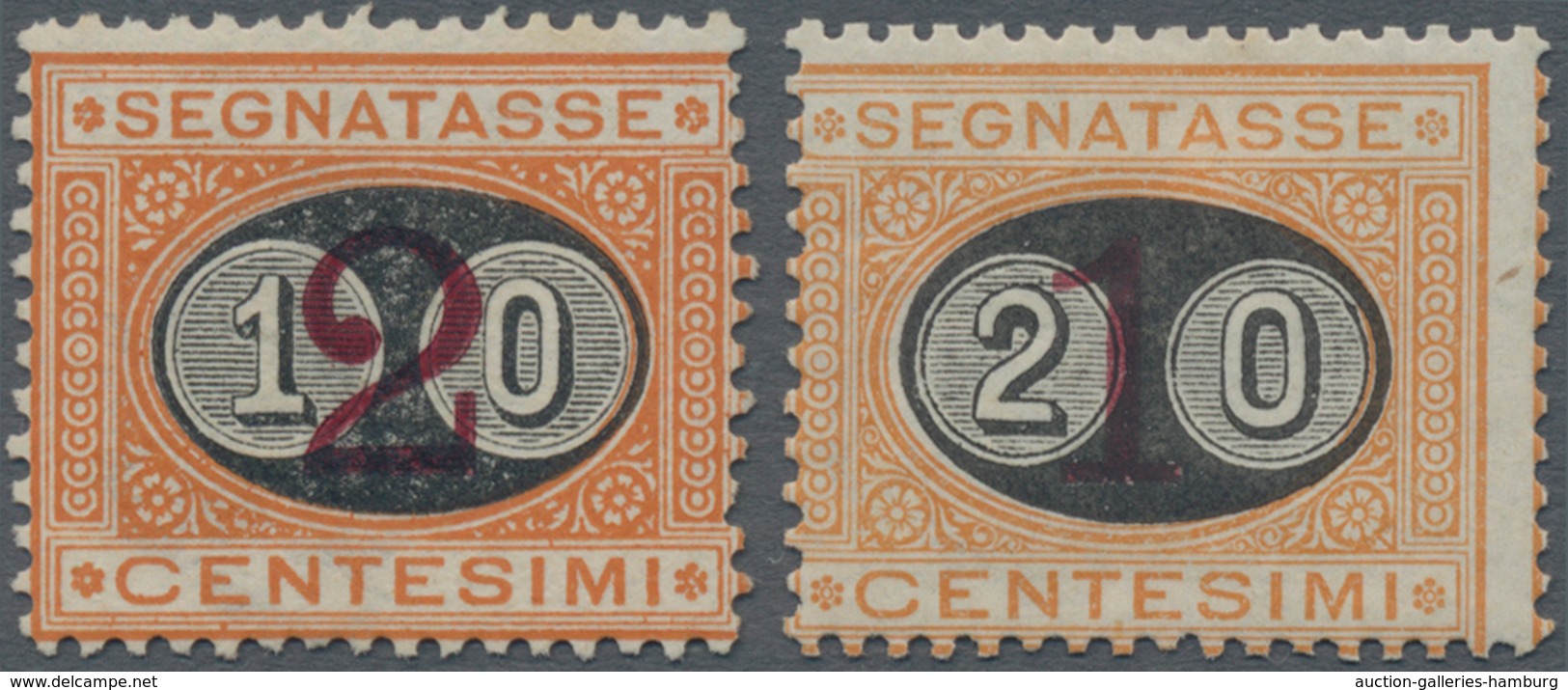 Italien - Portomarken: 1890/1891, Postage Due Provisionals 10c. On 2c. And 20c. On 1c. Orange/carmin - Portomarken