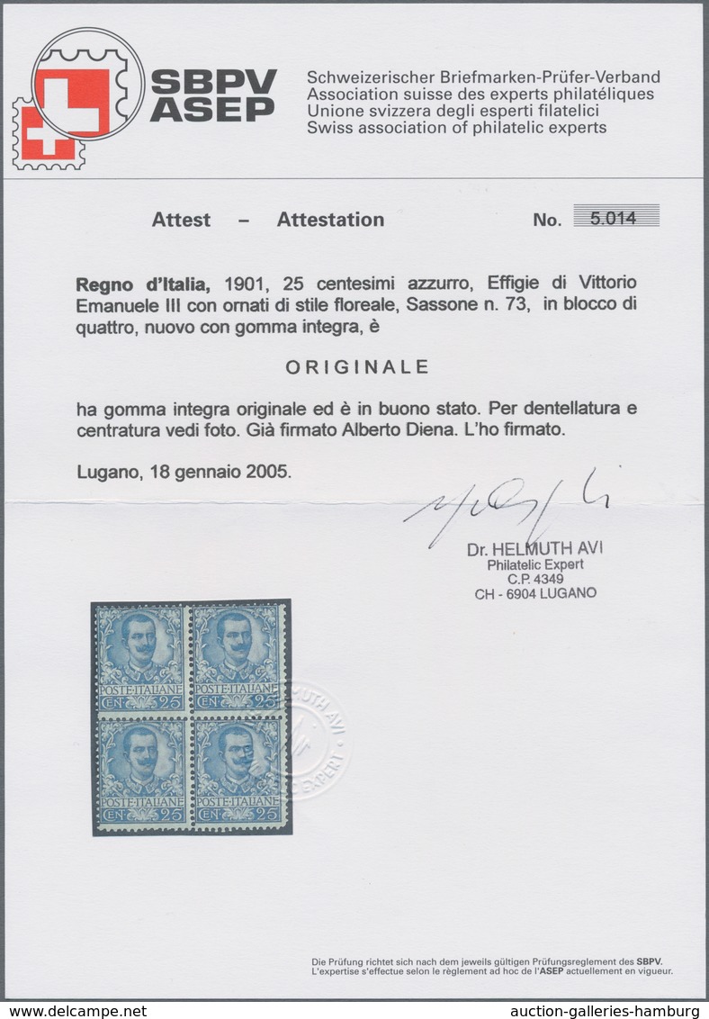 Italien - Besonderheiten: 1901, 25 Cent. Blue In Block Of Four Mint Never Hinged, Signed Diena And C - Ohne Zuordnung