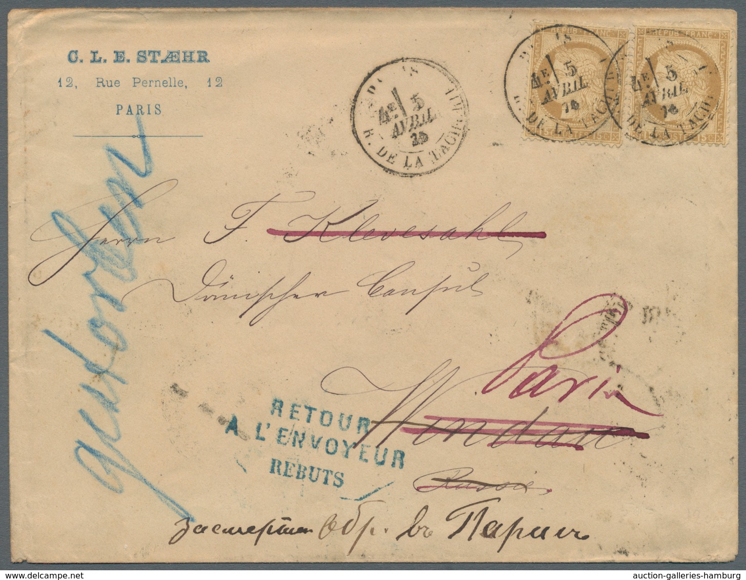 Lettland - Besonderheiten: 1876, Ventspils, Incoming Mail From France, Cover Bearing Two Copies 15c. - Lettland