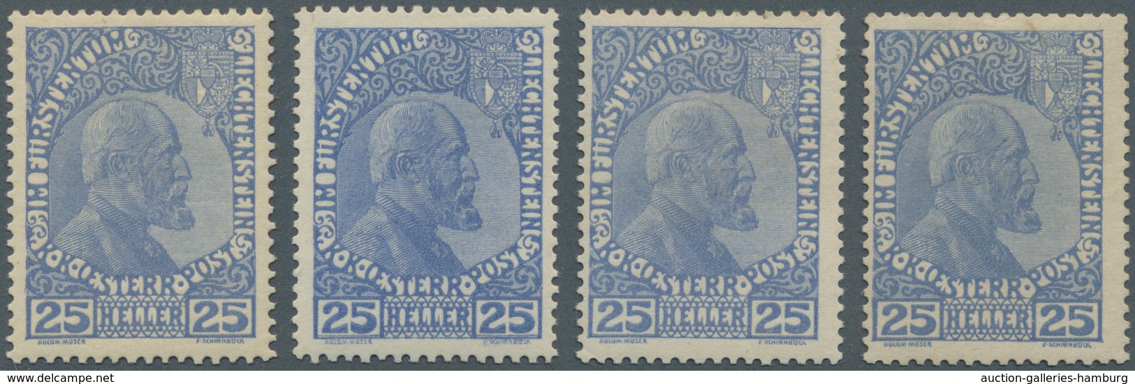 Liechtenstein: 1916, 25 H. Mittelultramarin, Normales Papier, Vier Werte, Ungebraucht Mit Originalgu - Used Stamps