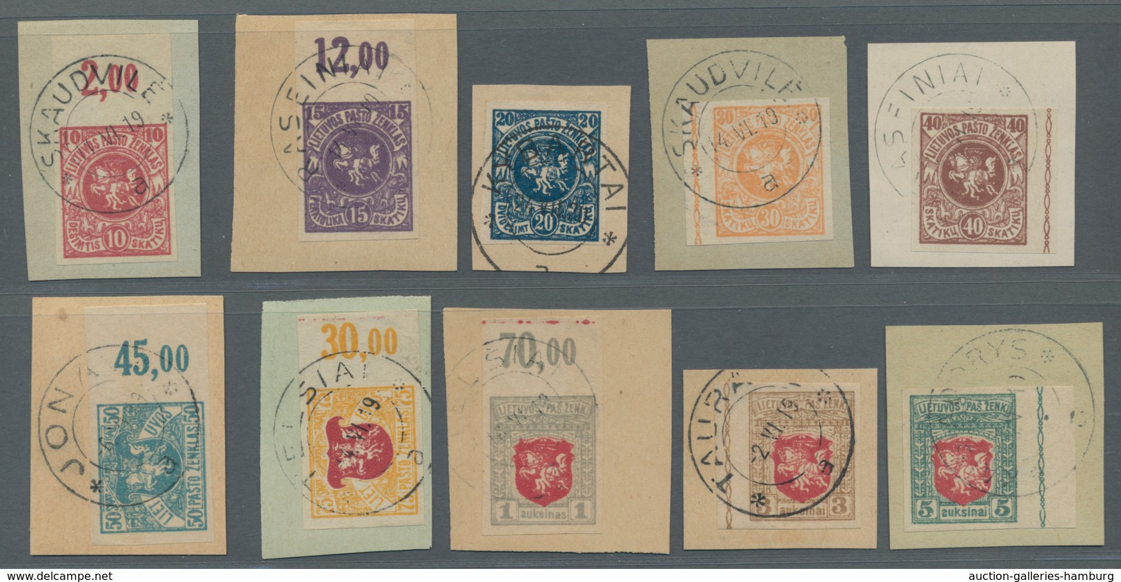 Litauen: 1919, 10Sk-5A, Complete Set, Cut, Mostly Margin Pieces Clean Stamped On Pieces Of Letters ÷ - Litauen