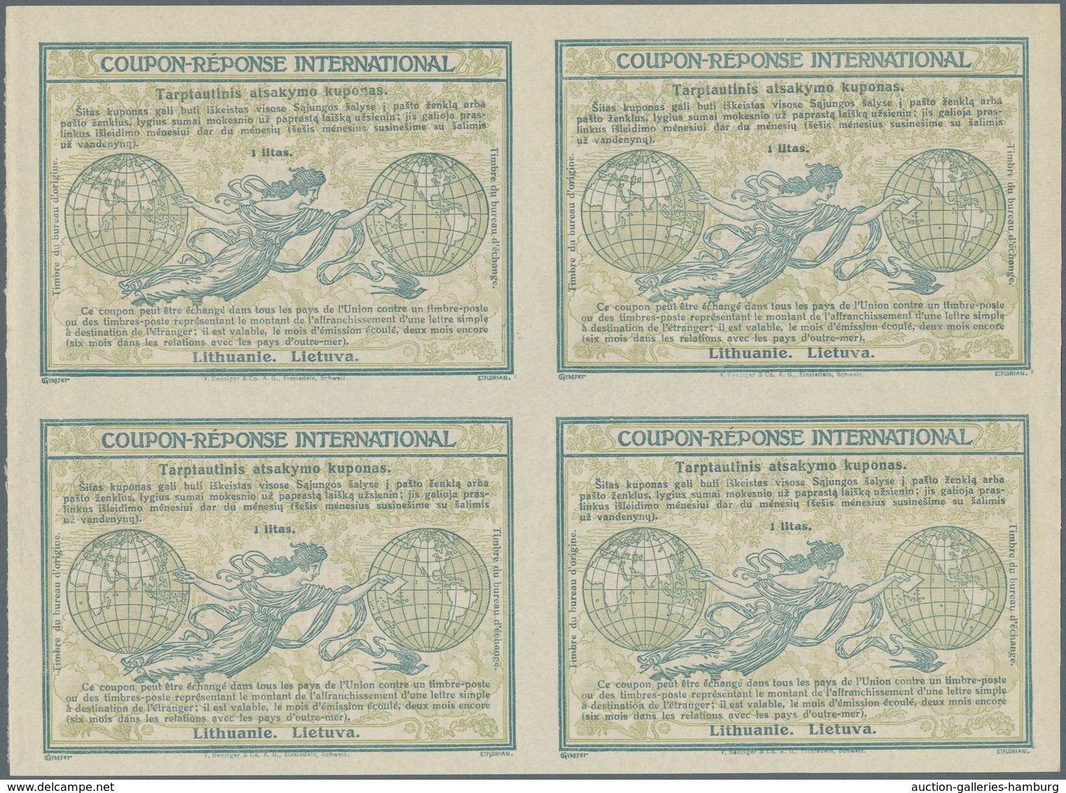 Litauen - Ganzsachen: Design "Madrid" 1920 International Reply Coupon As Block Of Four 1 Litas Lietu - Litauen