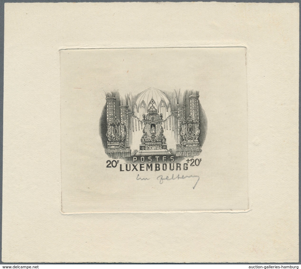 Luxemburg: 1945. Epreuve D'artiste Signée In Black For 20f+20f Value Of The Issue "Our Lady Of Lusem - Covers & Documents