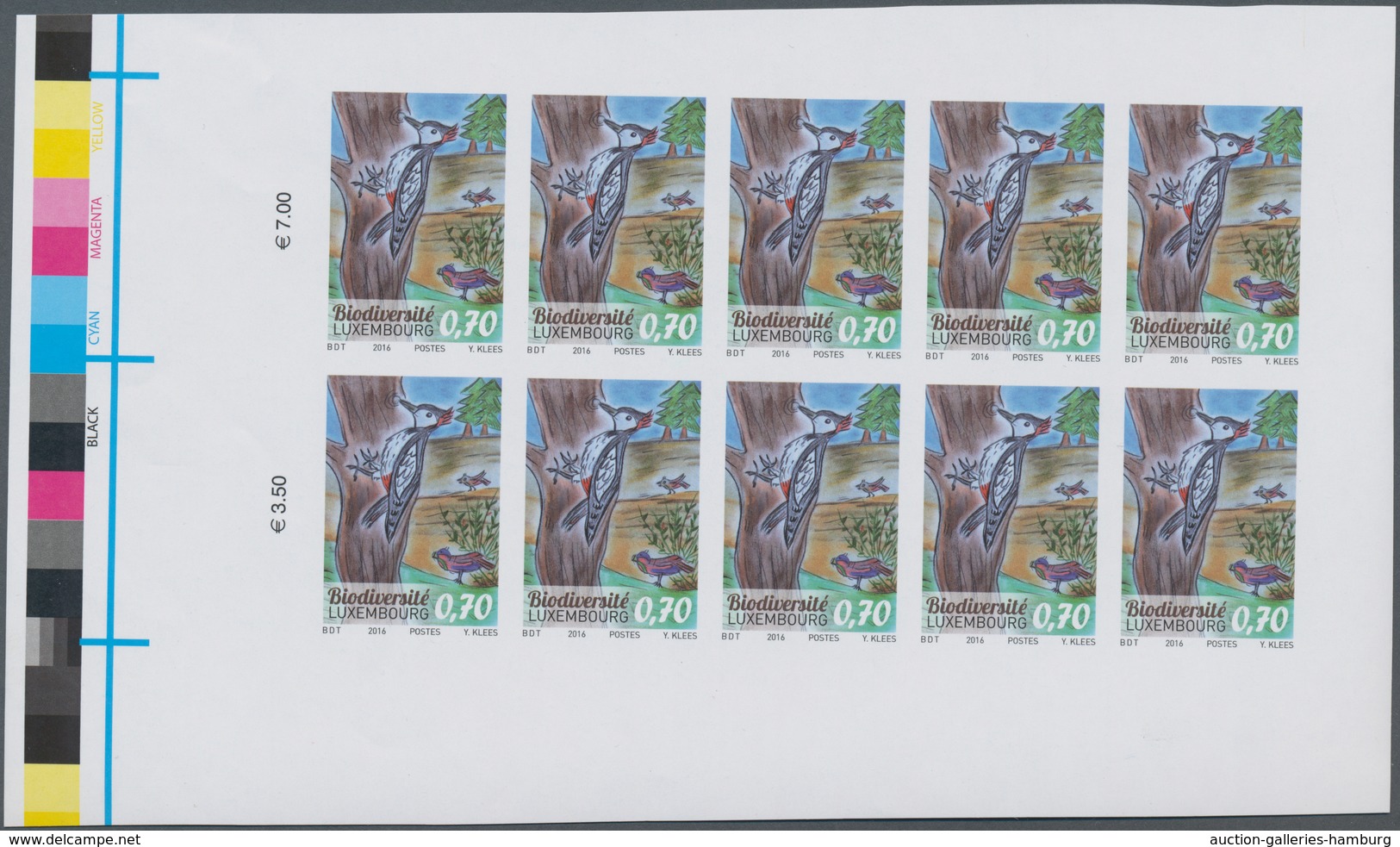 Luxemburg: 2016, 0.70€ "Woodpecker", IMPERFORATE Proof Sheet Of Ten Stamps With Traffic Lights, Mint - Briefe U. Dokumente
