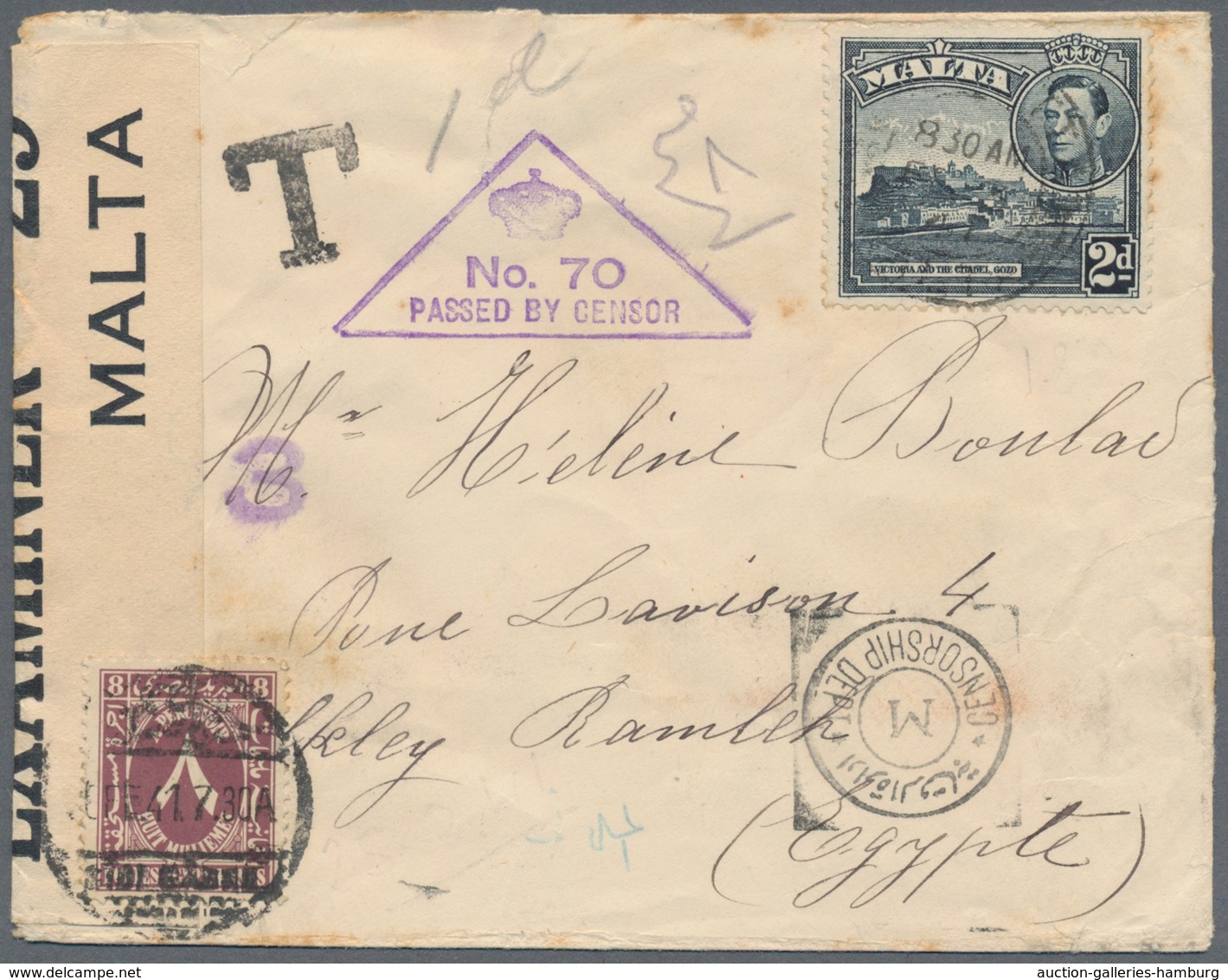 Malta: 1942, Cover (small Stains) Sent From Malta To Egypt With Maltese And Egytian Censor Marks And - Malta