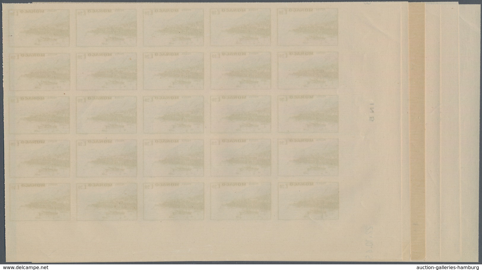 Monaco: 1946, Pictorial Definitives Complete Set Of Six In IMPERFORATE Blocks Of 25 From Lower Corne - Unused Stamps