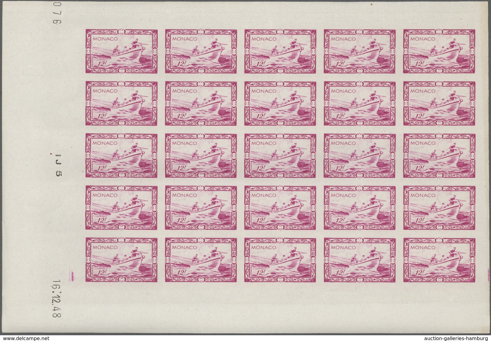 Monaco: 1949, 100th Birthday Of Prince Albert I. Complete Set Of Eight In IMPERFORATE Blocks Of 25 F - Unused Stamps