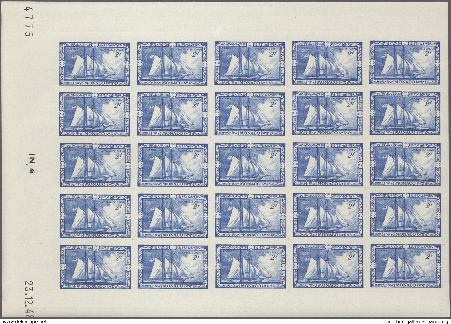 Monaco: 1949, 100th birthday of Prince Albert I. complete set of eight in IMPERFORATE blocks of 25 f