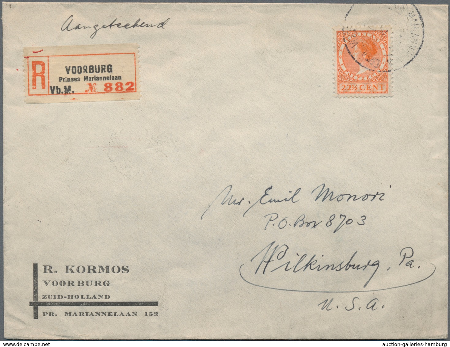 Niederlande: 1940, 22 1/2 Orange Queen Wilhelmina Single Franking On Registered Letter From Voorburg - Other & Unclassified