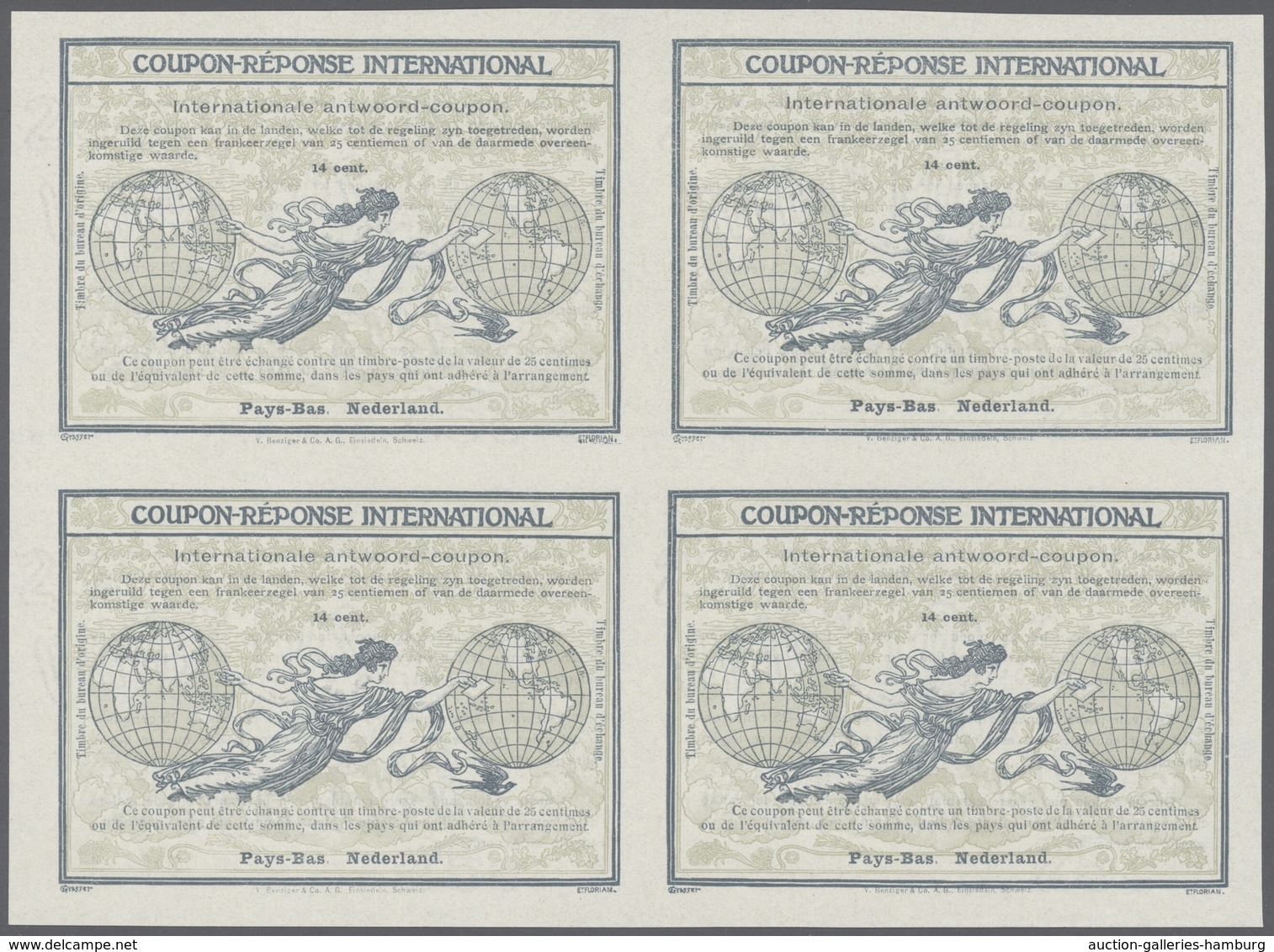 Niederlande - Ganzsachen: 1911. International Reply Coupon 14 Cent. (Rom Type) In An Unused Block Of - Postal Stationery