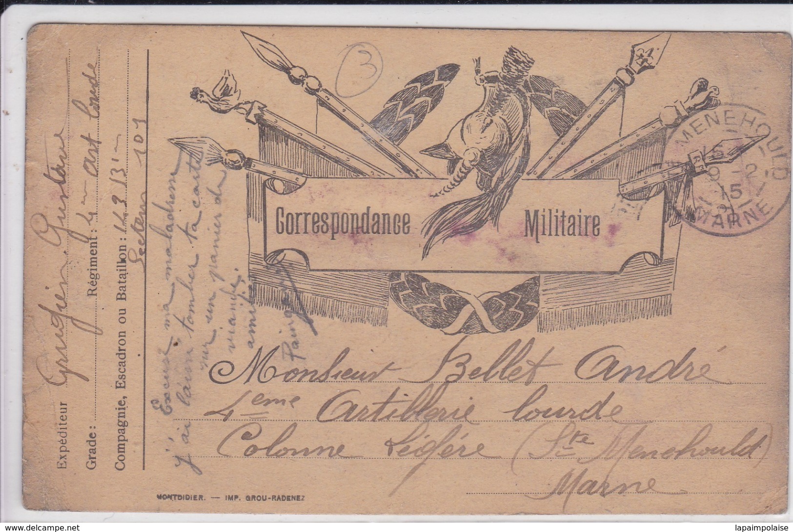 CORRESPONDANCE MILITAIRE Cachet Sainte Menehoule  19/02/1915 4é Art Secteur 101 ( Ref 321) - Covers & Documents