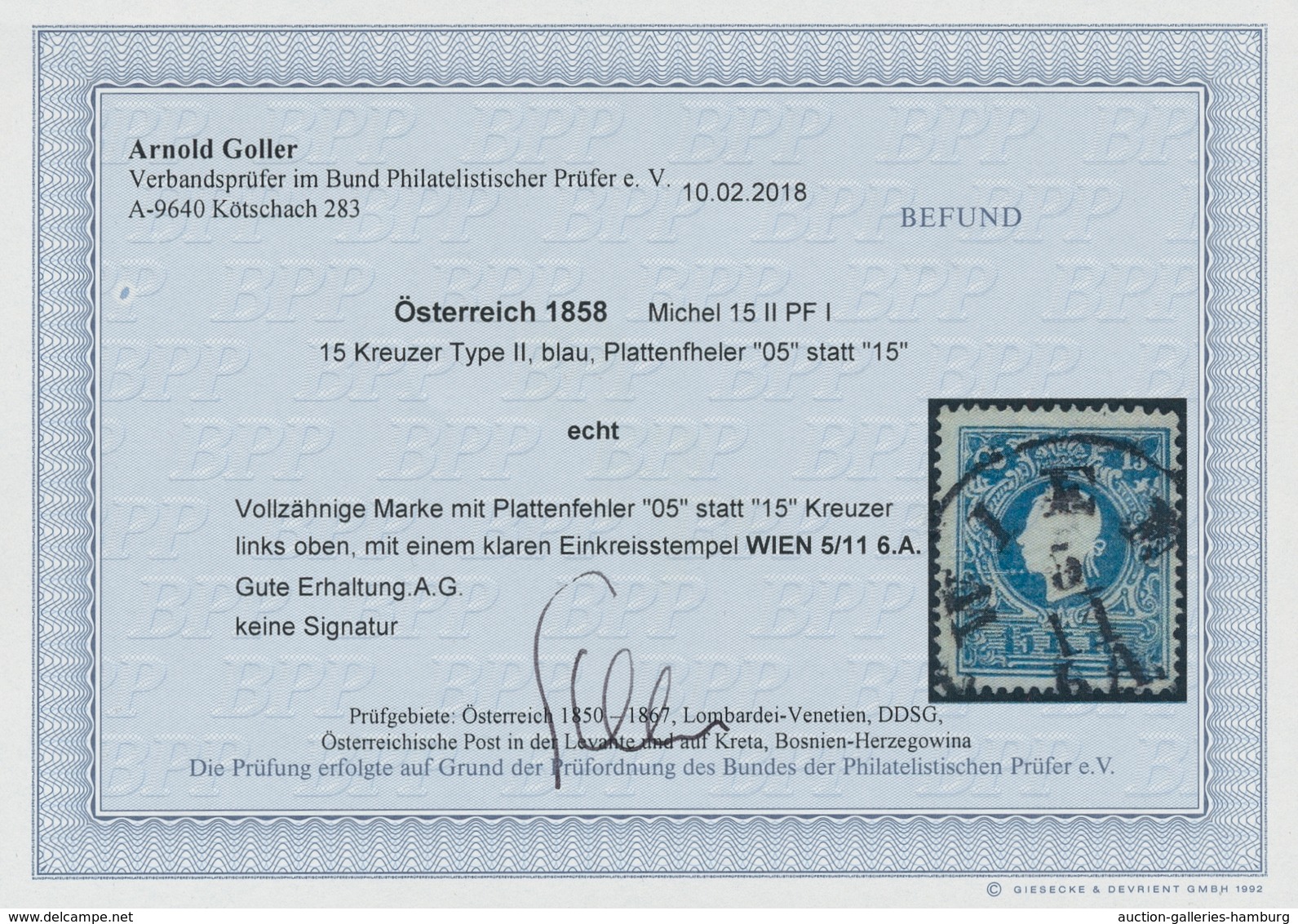 Österreich: 1858; 15 Kreuzer Blau Mit Plattenfehler "05" Statt 15 Links Oben Mit Klarem Einkreisstem - Used Stamps