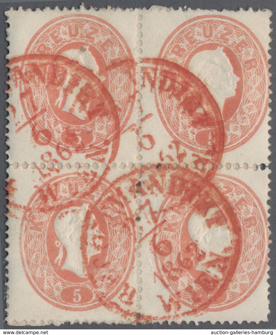 Österreich: 1860, 5 Kr. Rot, Farbfrischer Und Gut Gezähnter 4er-Block (rs. Großflächig Papierreste), - Used Stamps