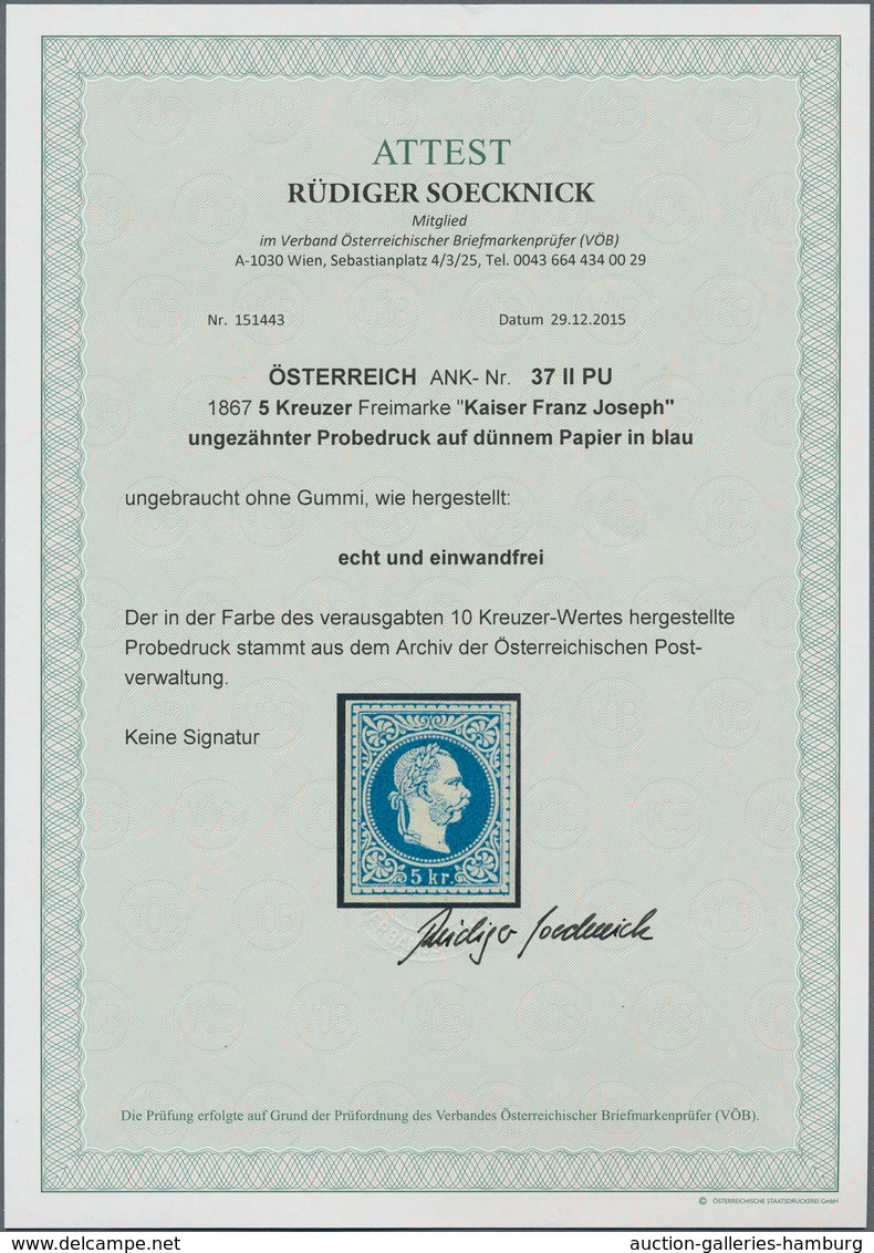 Österreich: 1867, Franz Joseph 5 Kr. UNGEZÄHNTER PROBEDRUCK In Blau Statt Rot Auf Dünnem Papier, Far - Gebraucht