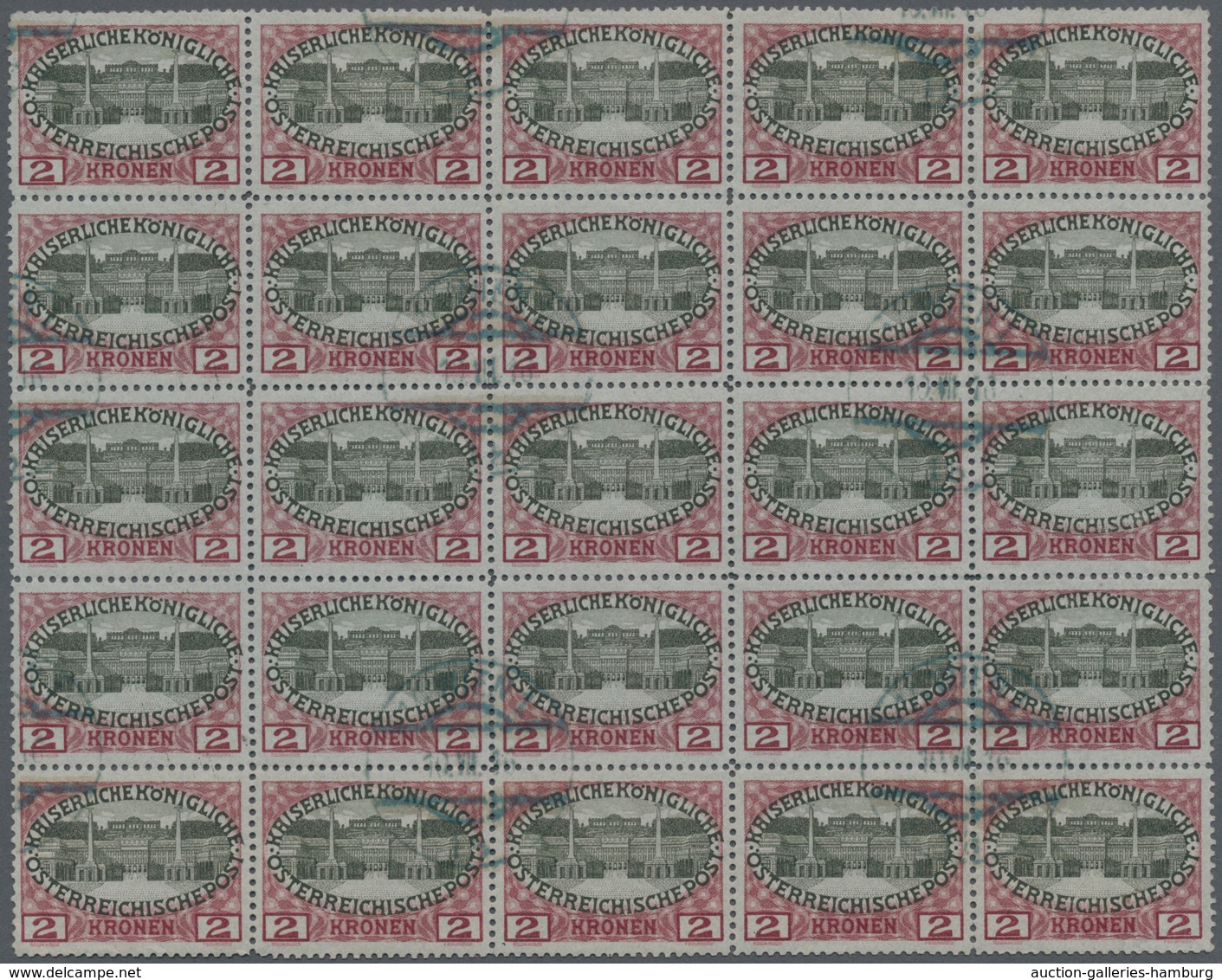 Österreich: 1908, Jubiläumsausgabe, 2 Kr. Auf Grauem Tiefdruckpapier, 25er-Block (minim Angetrennt, - Used Stamps