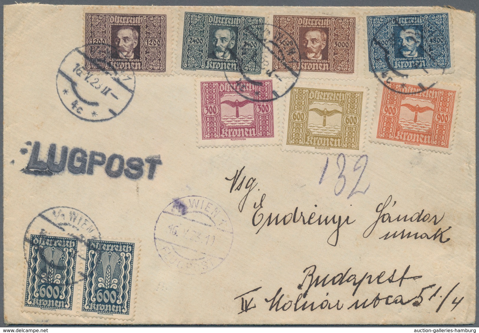 Österreich: 1923. Flugpostbrief Nach Budapest, Mit Allen (mit Ausnahme Des 400 K Wertes) Der 1923 Fl - Used Stamps