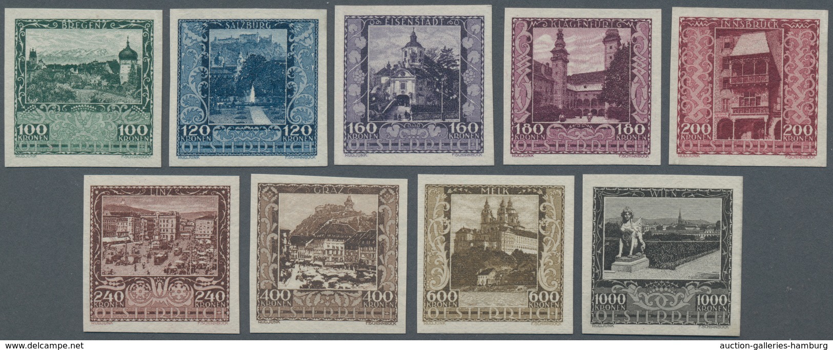 Österreich: 1923, 100 Kr Bis 600 Kr Landeshauptstädte Ungezähnt Und Postfrisch Ohne Gummi Wie Veraus - Used Stamps