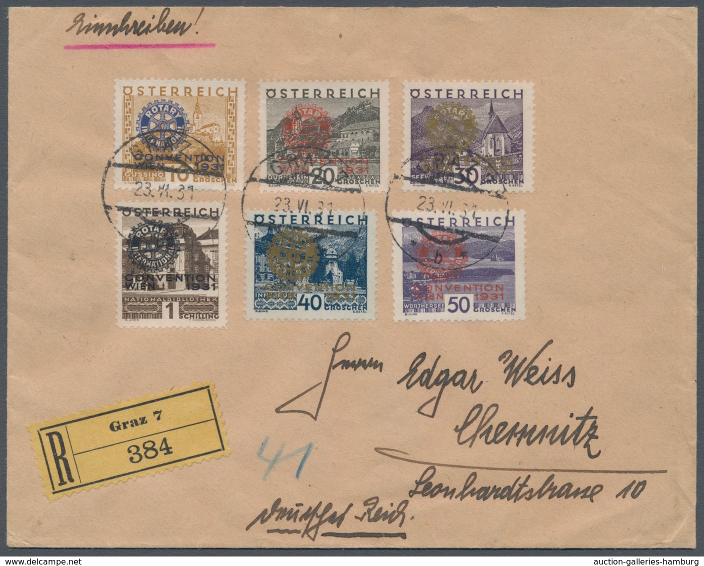 Österreich: 1931, ROTARY-Kongress Komplett Auf R-Brief Mit Tagesstempeln, In Dieser Form Sehr Selten - Used Stamps