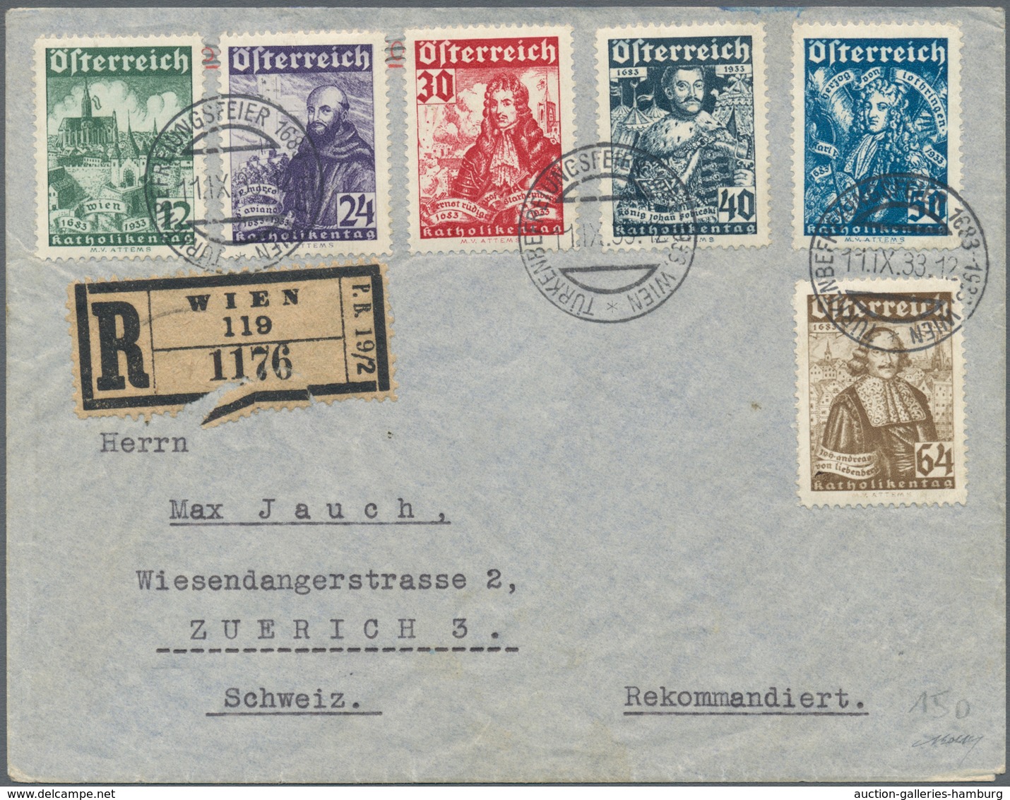 Österreich: 1933, Katholikentag, Satzfrankatur Auf R-Brief Von "WIEN 11.IX.33" Nach Zürich Mit Rs. A - Used Stamps