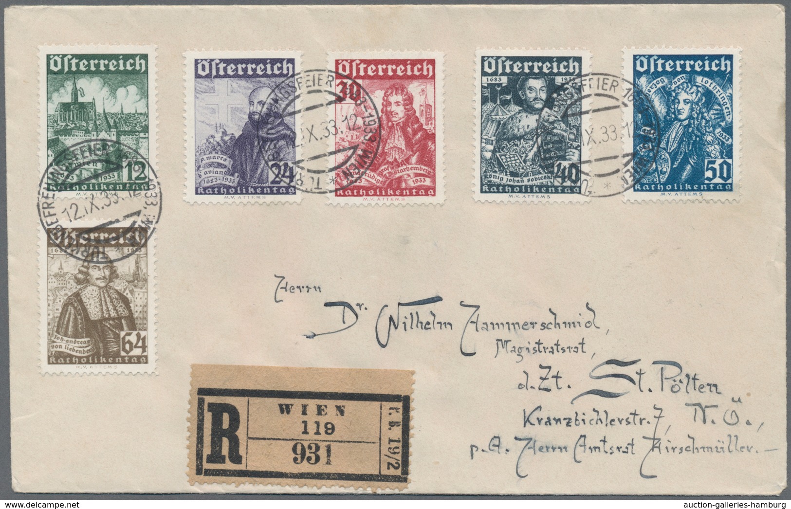 Österreich: 1933, Katholikentag, Satzfrankatur (ein Wert Unten Minim Geschürft) Auf R-Brief Von "WIE - Used Stamps