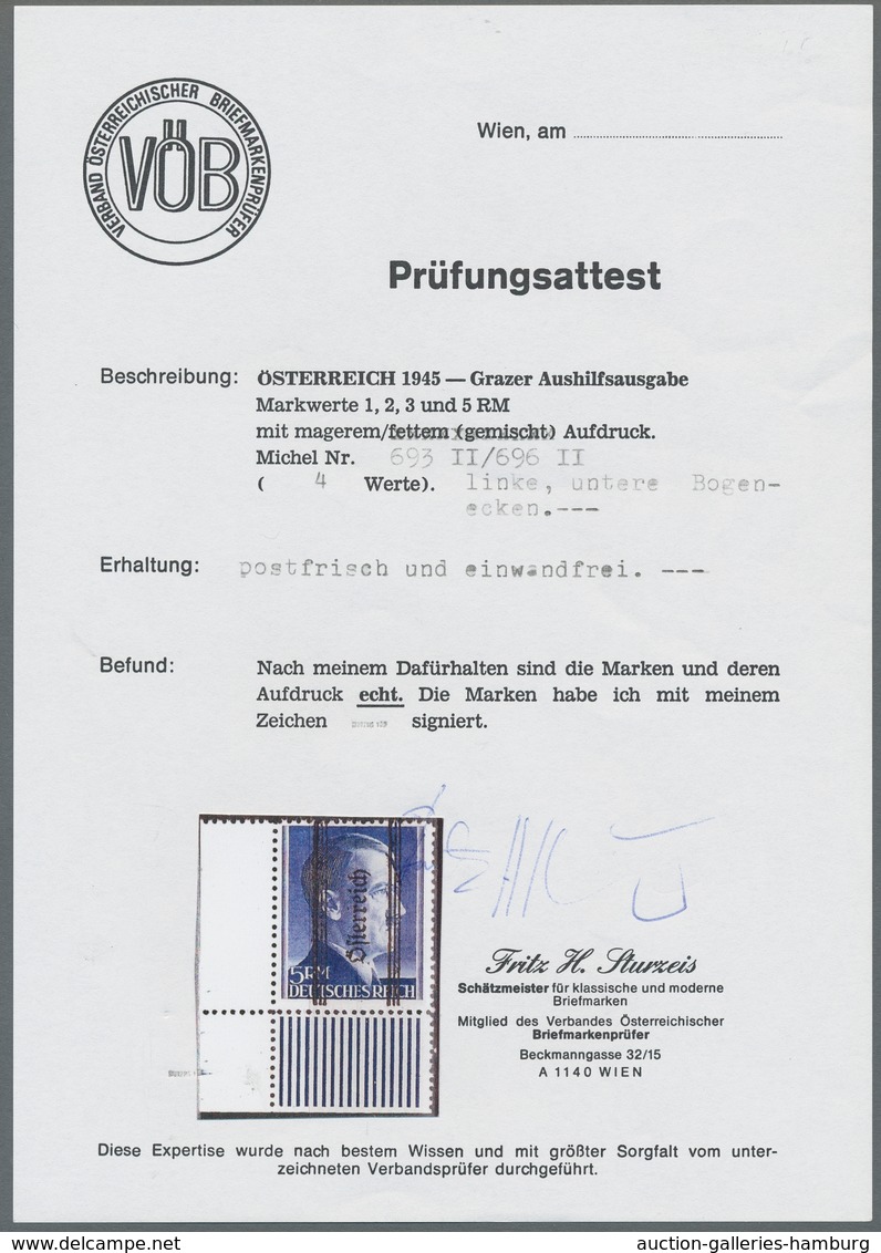 Österreich: 1945, "1 Bis 5 Mk. Mit Magerem Grazer Aufdruck", Postfrischer Eckrandsatz (Ränder Teils - Used Stamps