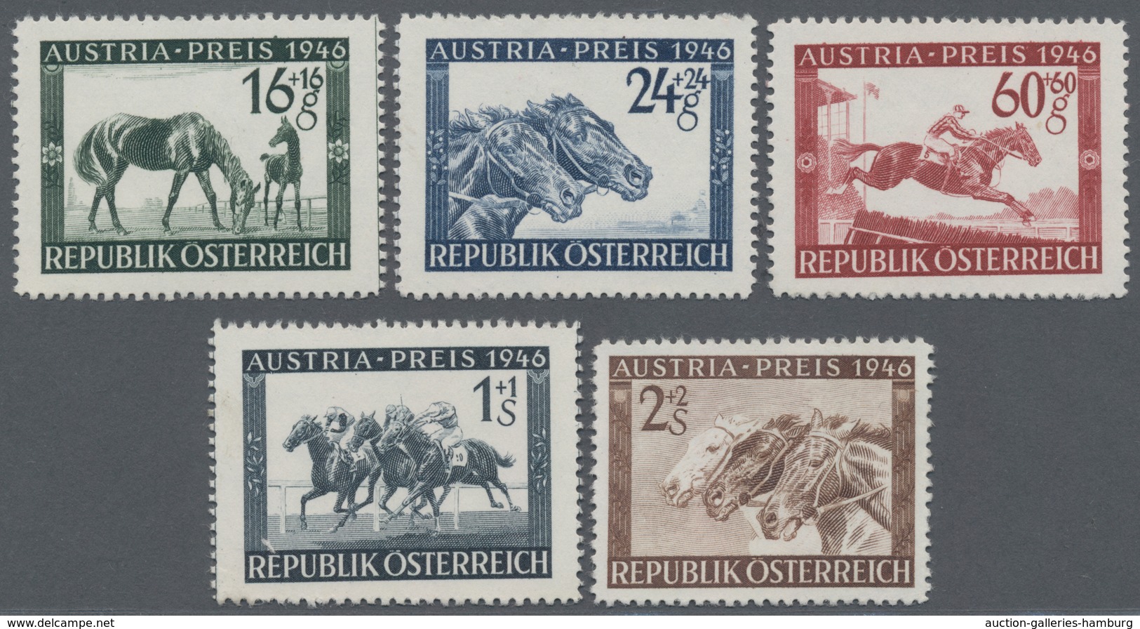 Österreich: 1946, Pferderennen "Austria-Preis", Kompletter Satz Von Fünf Werten Je Als Probedruck In - Used Stamps