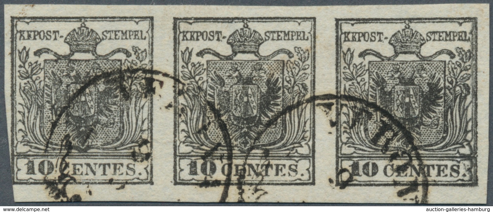 Österreich - Lombardei Und Venetien: 1850, 10 C Grauschwarz, Handpapier, Waagerechter 3er-Streifen M - Lombardy-Venetia